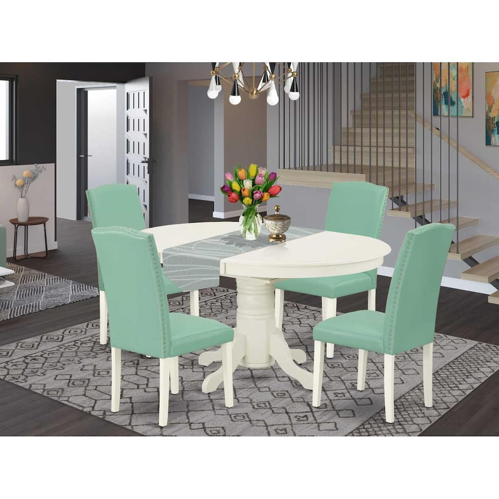 HomeStock 5-Pc Oval Linen White Finish Solid Wood Top Dining Table with 4 Parson Chair with Butterfly Leaf