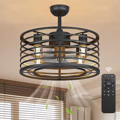 18in Black Caged Ceiling Fan with Light, Ceiling Fan Low Profile th Remote Control and Reversible Fan Blades - 18*18