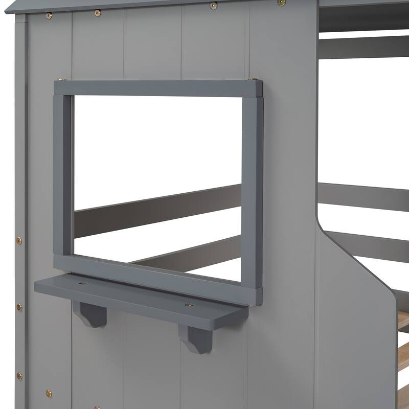 Twin Over Twin Bunk Playhouse Bed w/Roof, Window, Guardrail and Ladder