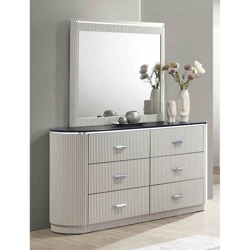 Modern Light Gray Reeded Bedroom Set with Stone Tops