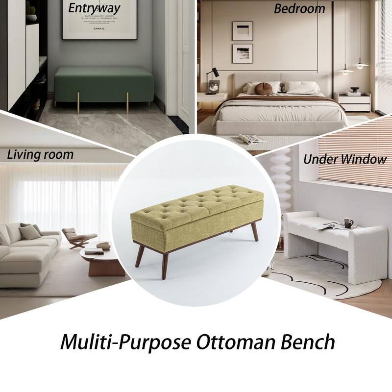 Linen Storage Ottoman Bench with Wood Legs, Upholstered Entryway Bench Tufted Mid Century Modern Ottoman Bedroom End of Bed