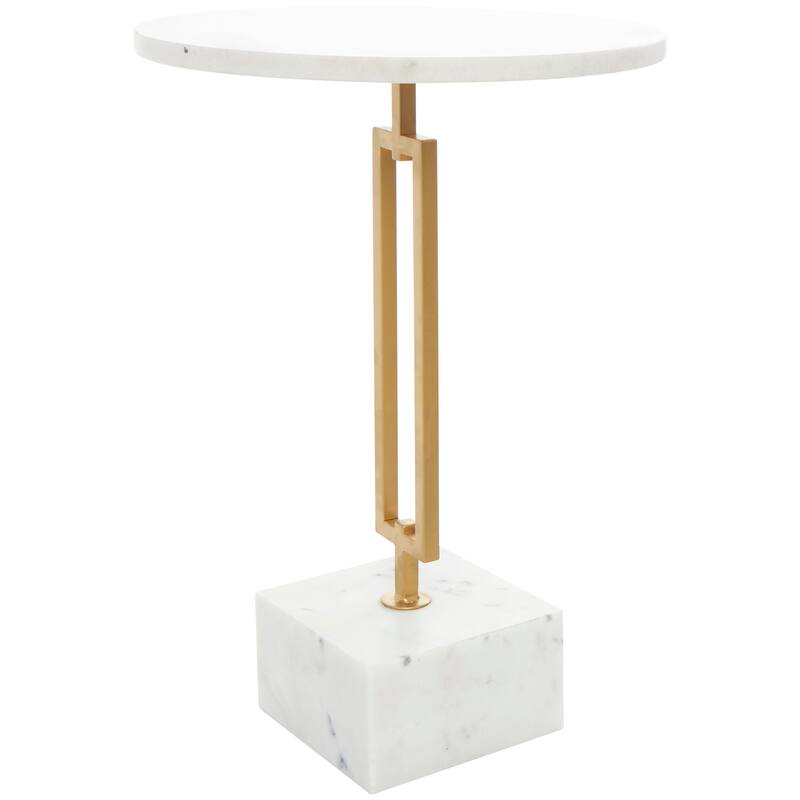 White Marble Geometric Accent Table with Gold Metal Rectangular Stand