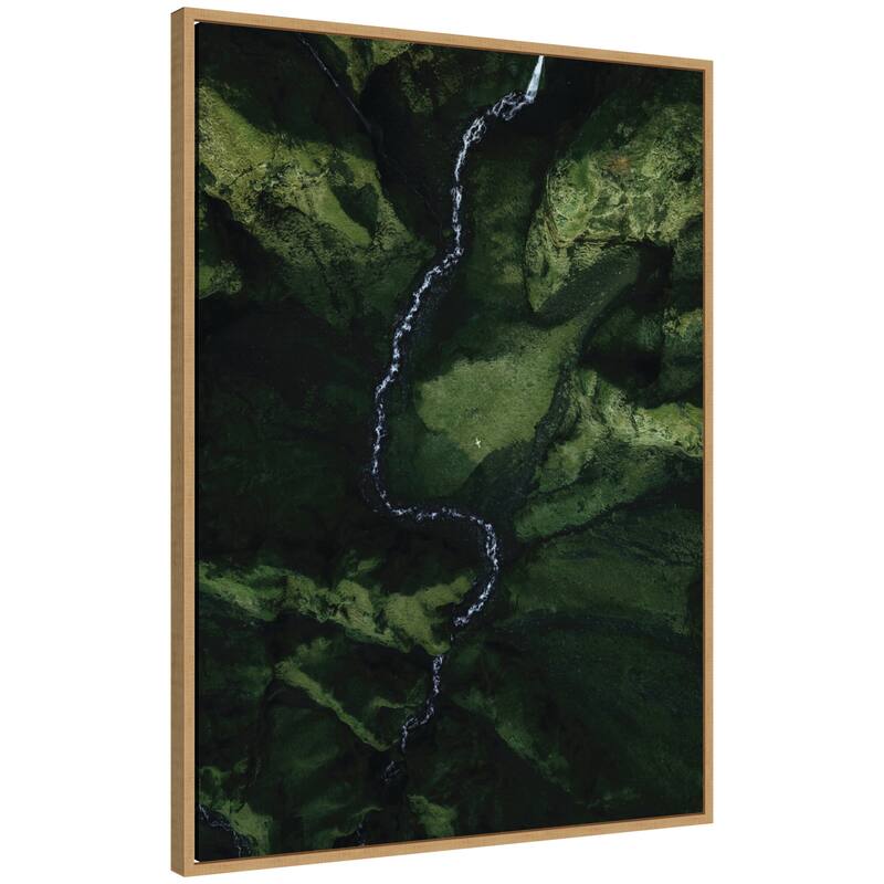 Kate and Laurel Sylvie Aerial View of a Winding River in a Green Valley in Iceland Framed Canvas by Michael Schauer - 28x38 - Brown