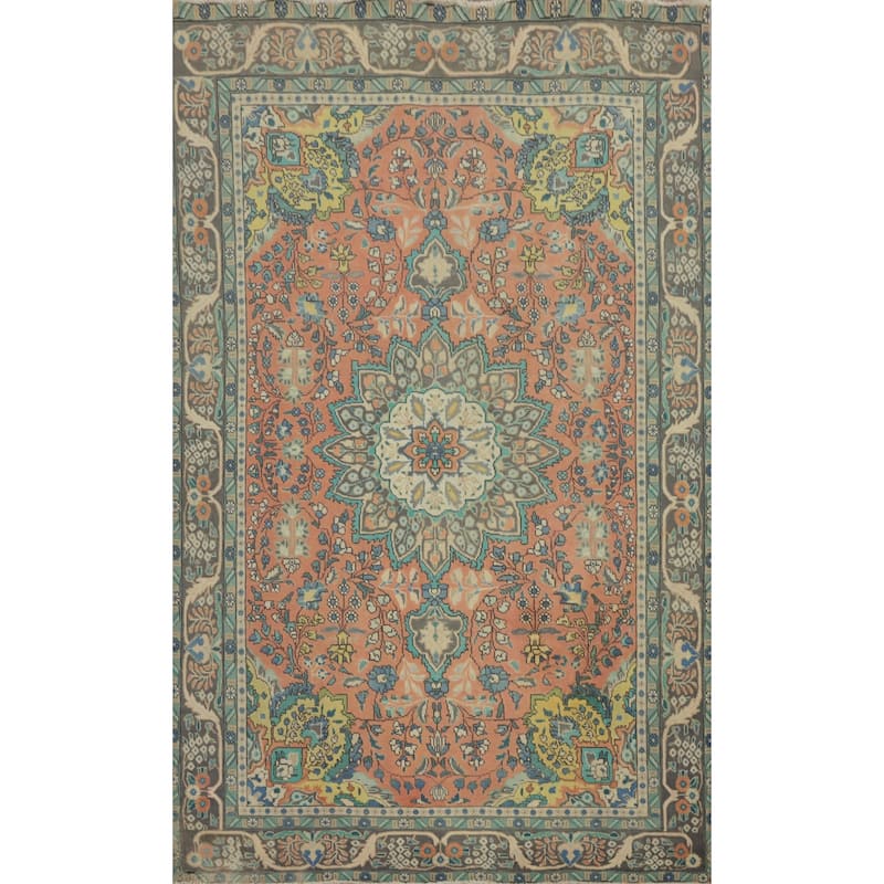 Hand Knotted Oriental 100% Wool Carpet Traditional Medallion Coral Tabriz Area Rug - 9' 9'' X 6' 3''