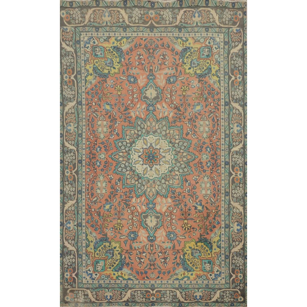 Hand Knotted Oriental 100% Wool Carpet Traditional Medallion Coral Tabriz Area Rug - 9' 9'' X 6' 3''