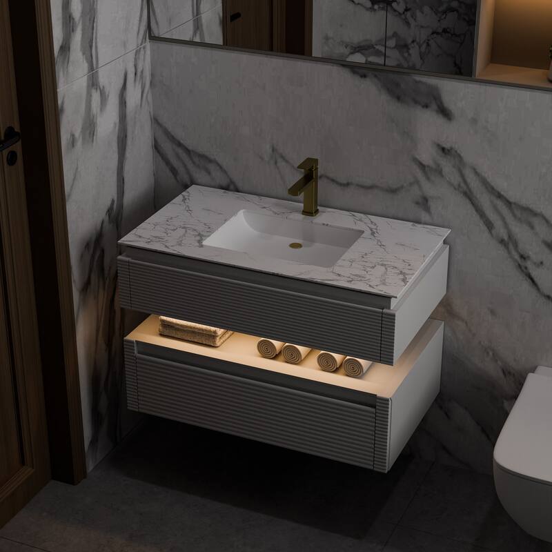 Modland 36" Modern Wall-Mounted Bathroom Vanity with Engineered Stone Countertop & Ceramic Undermount Sink