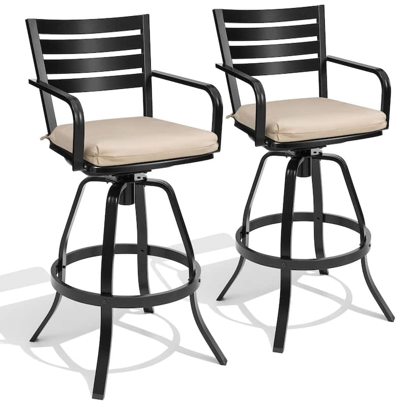 Outdoor Patio Aluminum Swivel Bar Stools Set with Sunbrella Cushion - 18.5 in L x 18.5 in W x 45.7 in H - CanvasAntiqueBeige-2PC