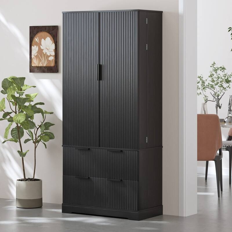 72" Fluted Kitchen Pantry Cabinet, Freestanding Cupboard Storage Cabinet with 2 Drawers for Smart Organization - Black