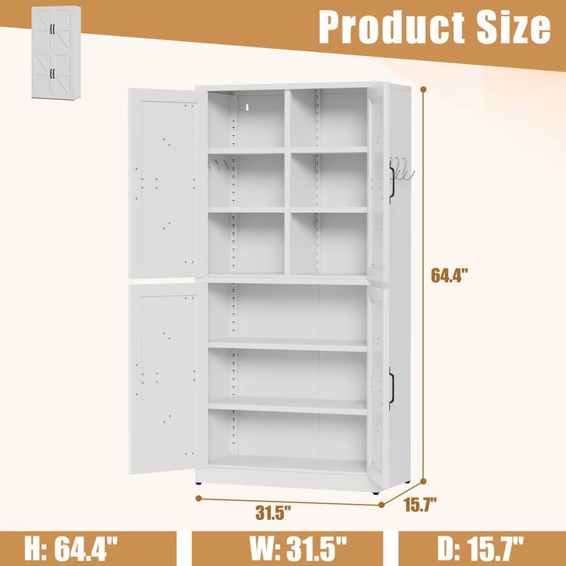 White Steel Kitchen Pantry Storage Cabinet with Adjustable shelves, heavy-duty country cabinet for kitchens, bathrooms