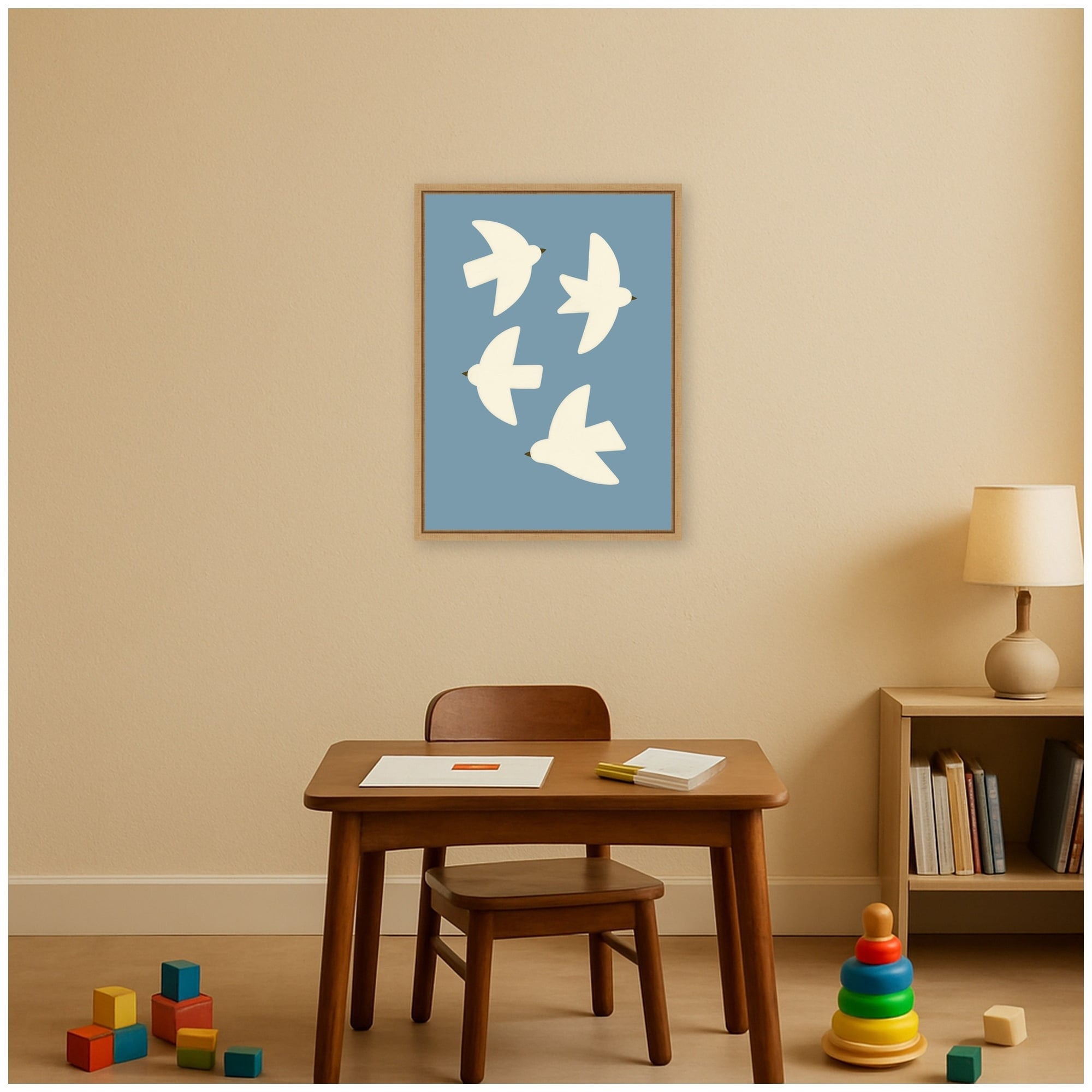 Kate and Laurel Minimalist Birds Poster Blue by Laura Moss Framed Canvas Wall Art Print