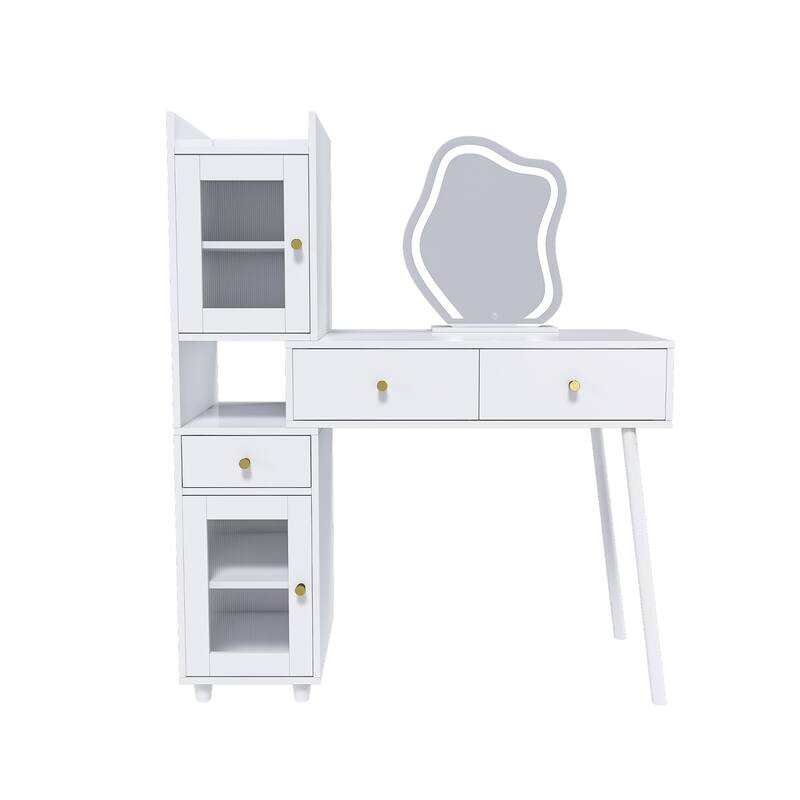 LED Lighted Vanity Desk with Large Mirror Drawers Shelves and Hidden Cabinets for Bedroom and Dressing Room