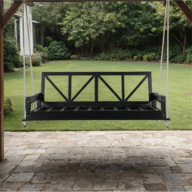 Wood Twin Size Patio Hanging Swing with Hemp Ropes (No Cushion,Pillow)