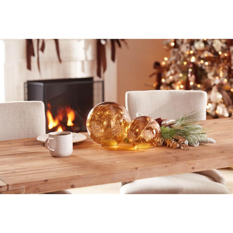 Glass LED Pinecone Globe Set of 2 with Warm Light and Glitter Accents - 7.5” x 7.5” x 7.25” (L x W x H)