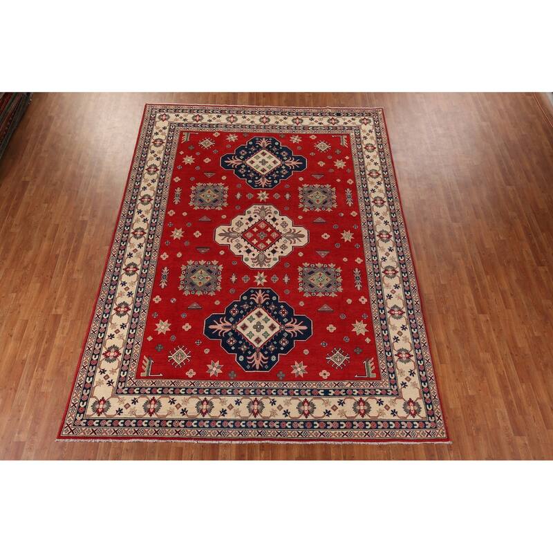 Red Kazak Area Rug Hand-Knotted Geometric Wool Carpet - 9'0" x 12'4"