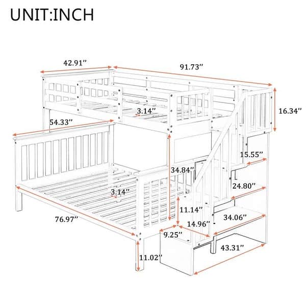 Stairway Design Twin-Over-Full Bunk Bed with Storage and Guard Rail for Bedroom