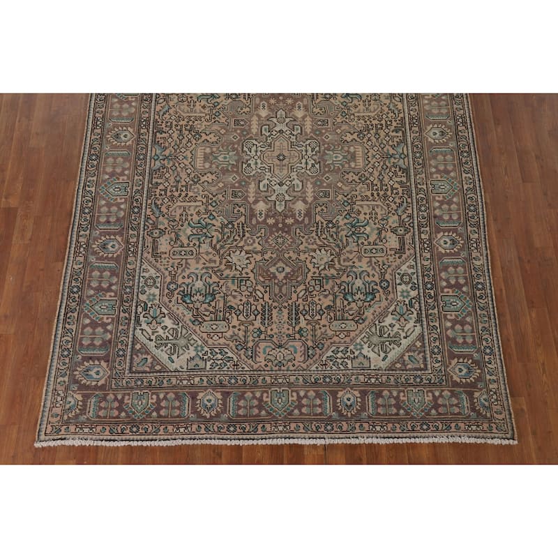 Geometric Tabriz Vintage Persian Area Rug Handmade Peach Wool Carpet - 6'5" x 9'5"