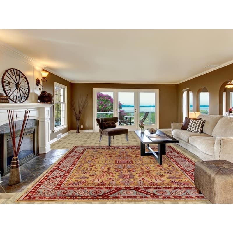 Hand Knotted Oriental 100% Wool Carpet Traditional Geometric Yellow & Gold Heriz (serapi) Area Rug - 11' 9'' X 9' 0''