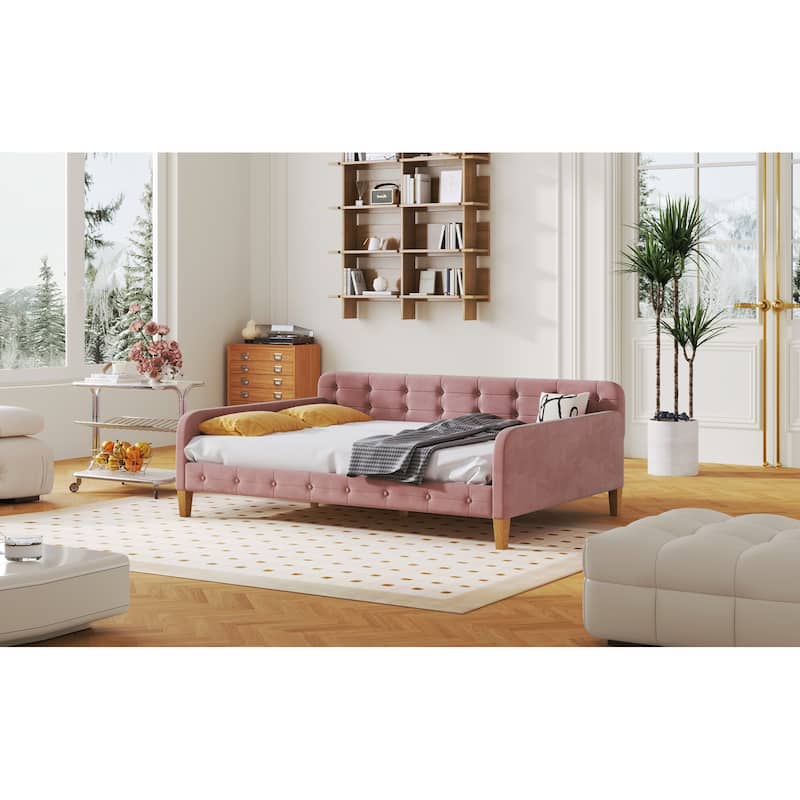 Button Backrest Upholstered Platform Bed Frame, Twin XL Size Daybed with LED Belt and Slats, Pull-out Trundle Bed