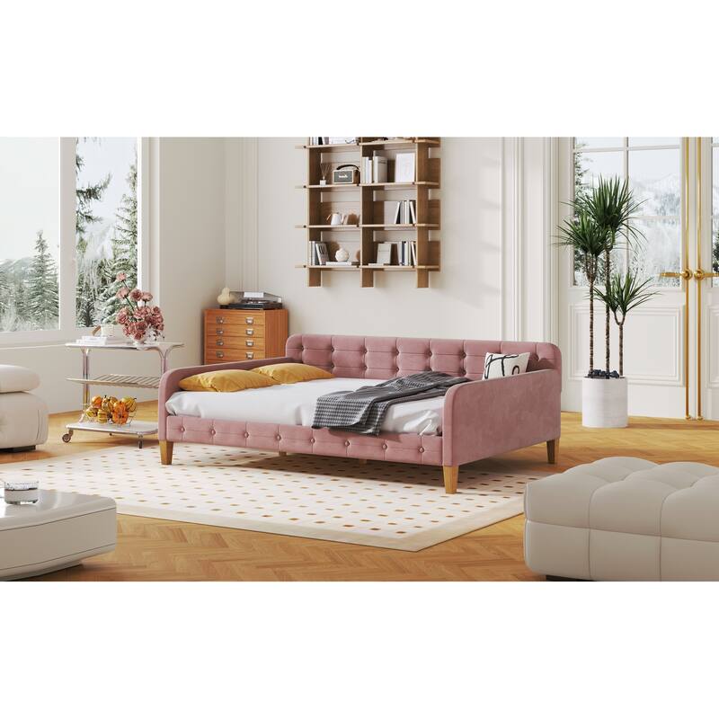 Full Size Velvet Upholstered Daybed Frame with Tufted Backrest & 4 Legs