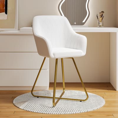 VECELO Vanity Chair White Leather Vanity Stool, Height Adjustable Accent Chair with Back, Round Swivel Makeup Chair