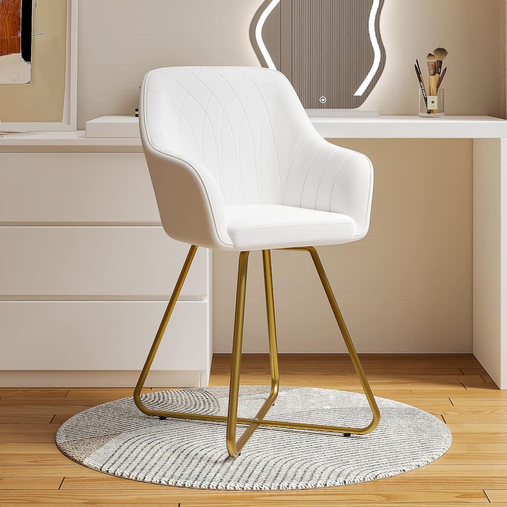 VECELO Vanity Chair White Leather Vanity Stool, Accent Chair with Back, Round Makeup Chair