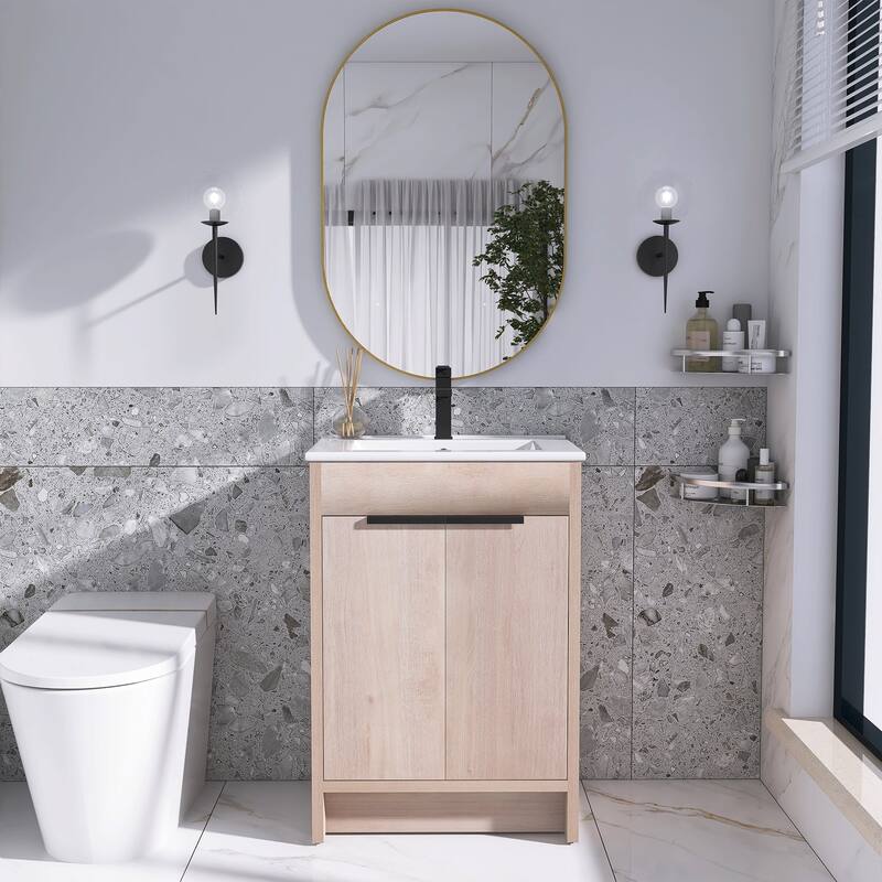 Freestanding Plywood Bathroom Vanity Set in Plain Light Oak with Integrated Sink - 24" x 18" x 34" - Plain Light Oak with White Ceramic Top