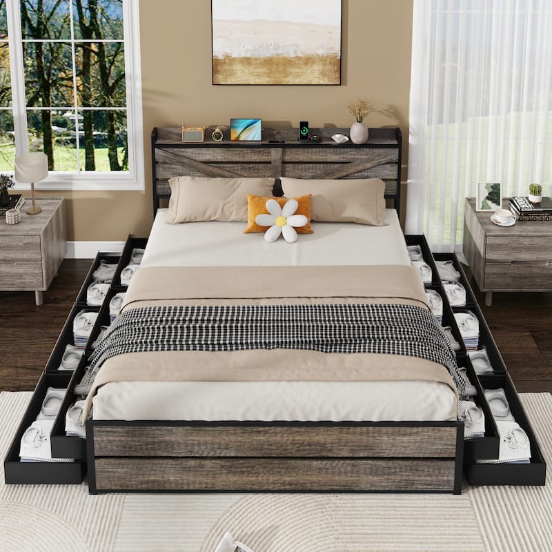 Retro Storage Bed with 12 Storage Drawers and Panel Headboard Built-in Charging Station, Metal Slats Support Platform Bed Frame