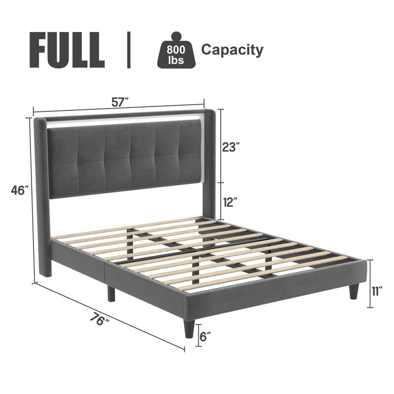 Upholstered platform bed frame with headboard and sturdy wooden slats