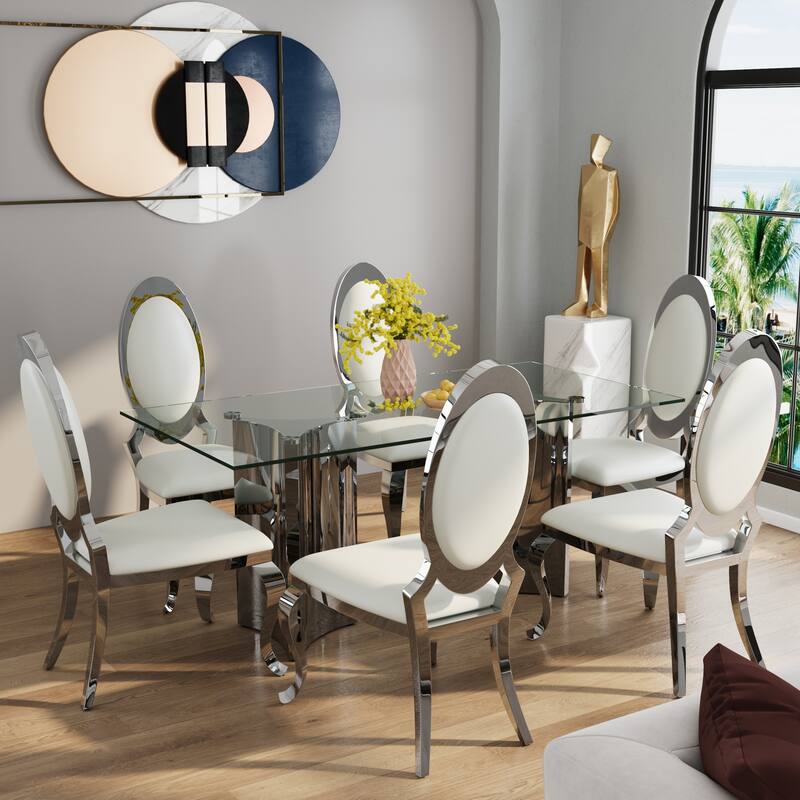 70 inch Clear Tempered Glass Dining Table Set with Leather Dining Chairs