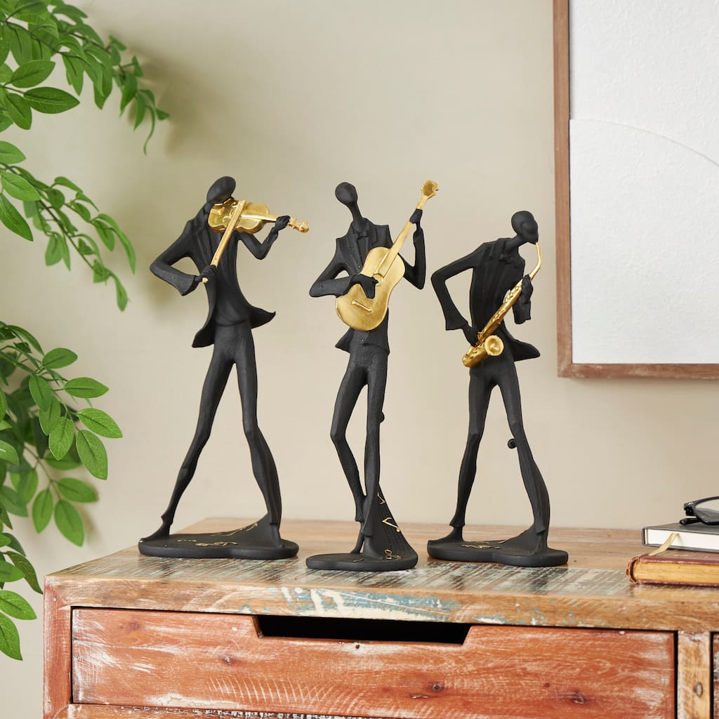 Black Polystone Abstract Musician Decorative Sculpture with Gold Instruments and Music Notes (Set of 3)