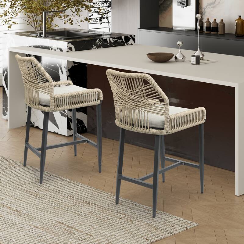 Outdoor Bar Stool with Rope Weave and Cushioned Seat