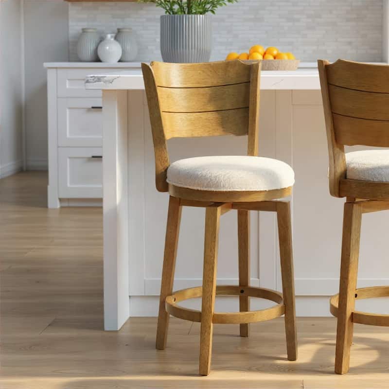 Winsley Coastal Modern Swivel Wood Counter Height Kitchen Bar Stool with White Boucle Fabric Upholstered Seat - Set of 2 - White/Amber Glow - Counter Height