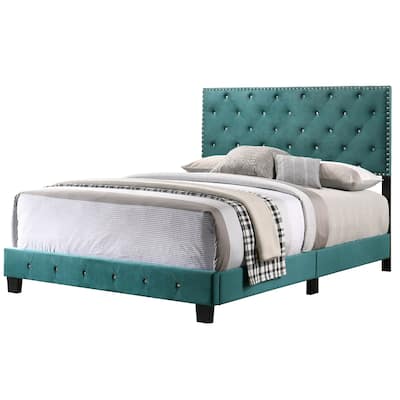 Tufted Faux Jewel Velvet Upholstered Full Panel Bed - 77" - Green