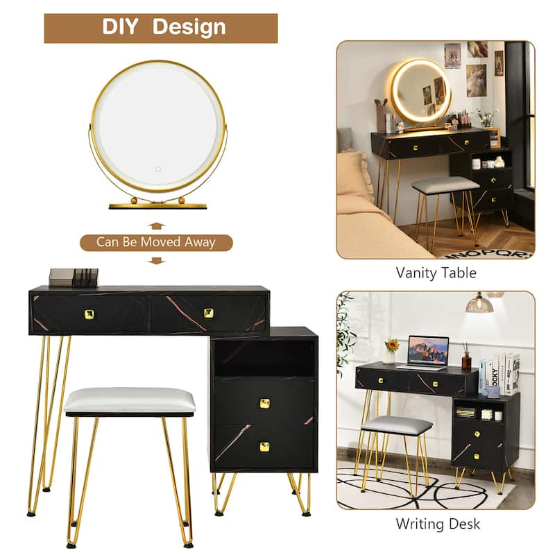 Costway Vanity Table Stool Set Dimmer LED Mirror Large Storage Cabinet - See details