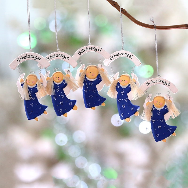 NOVICA Handmade Schutzengel In Blue Wood Ornaments (Set Of 5)