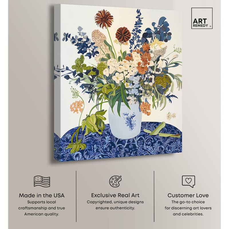 Dahlia Dream in Delft Blue Canvas by Art Remedy, Gallery Wrapped