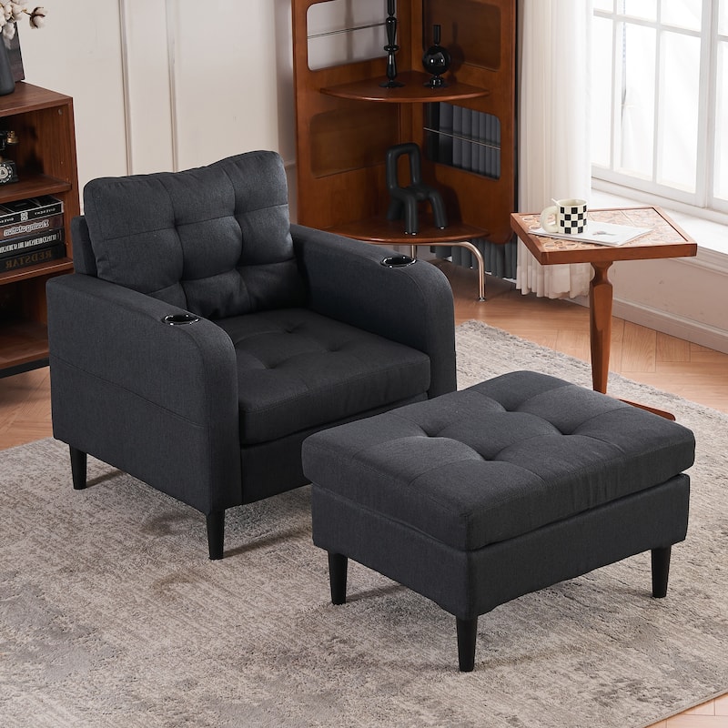 HCHAIRH Upholstered Tufted Accent Chair Single Sofa Storage Ottoman Set with Cup Holders