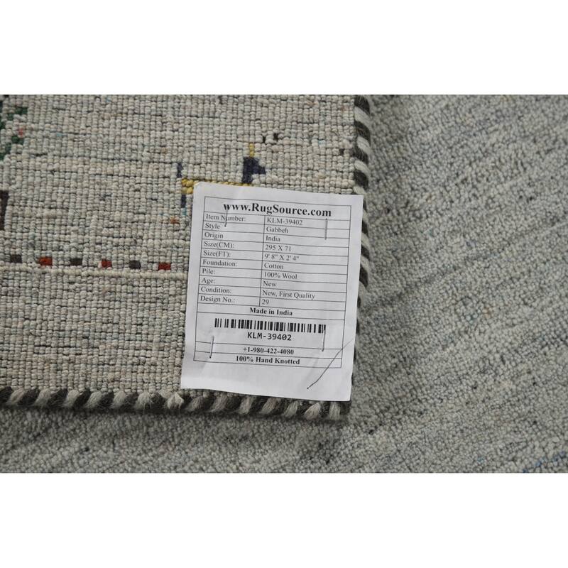 Grey Tribal Gabbeh Indian Runner Rug Hand-Knotted Wool Carpet - 2'4" x 9'8"