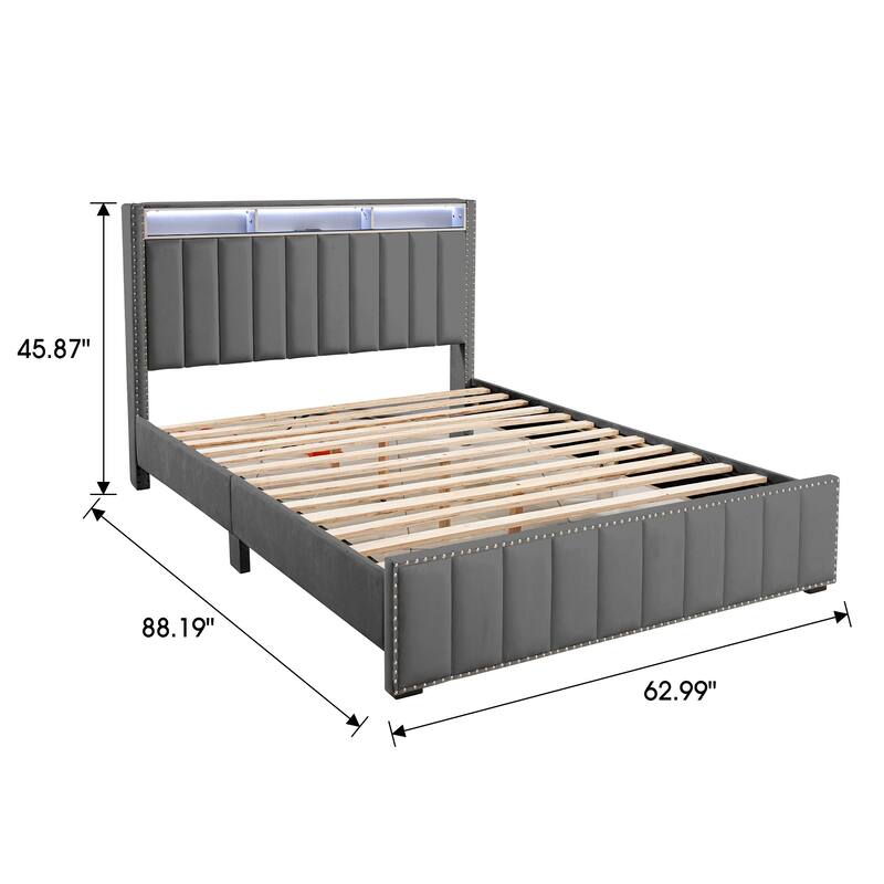 Contemporary Dark Gray Solid Wood Bed Frame with Open Compartments