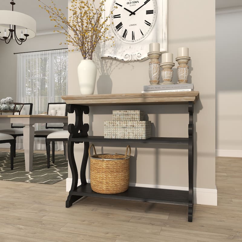 White Wood Scroll Side Frames 2 Shelf Console Table with Brown Wood Top - White or Black