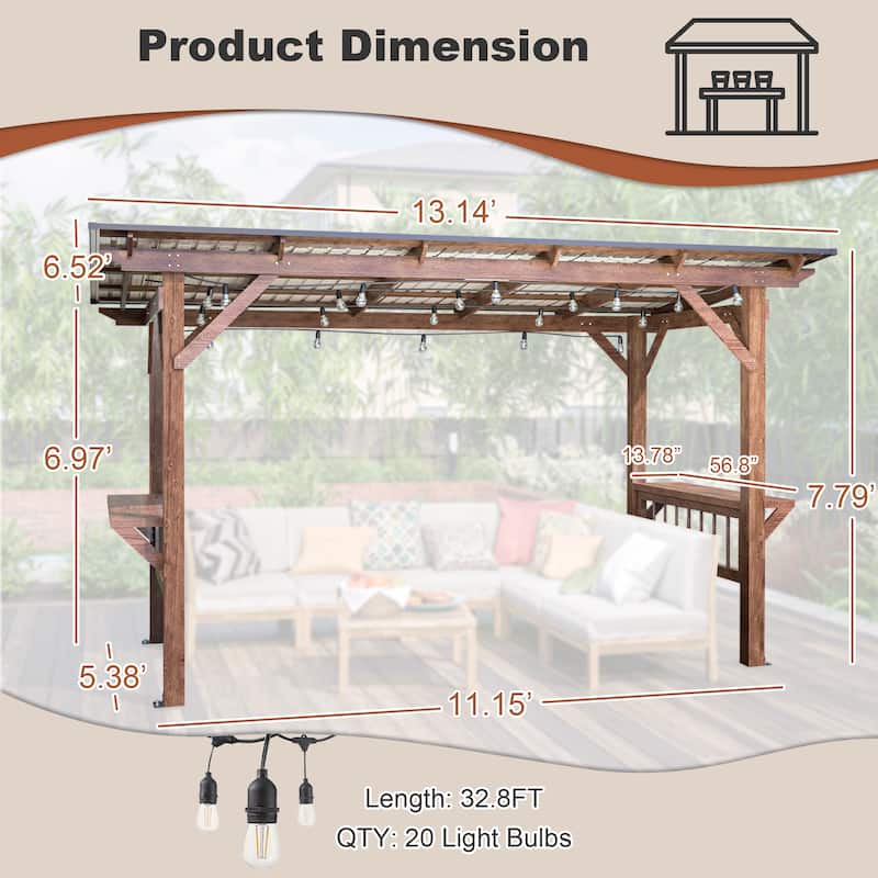 Pergola Grill Gazebo with Metal Roof, Bulbs & Bar Counters for Outdoor BBQ
