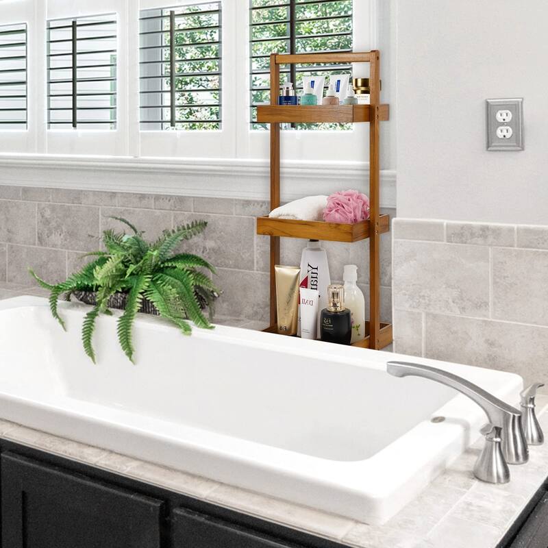 Teak Shower Caddy Shelf, Standing Shower Organizer for Bathroom Corner, Wooden Freestanding Racks Storage for Inside Shower