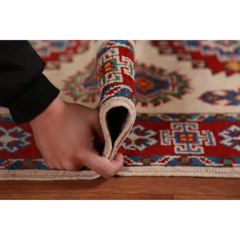 Ivory Kazak Foyer Rug Hand-Knotted Geometric Wool Carpet - 2'8"x 4'2"