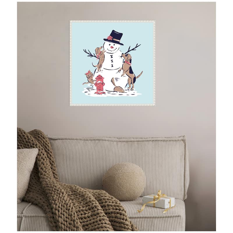 Kate and Laurel Sylvie Beaded Snowman Dogs Cat Framed Canvas by Krissy Mast