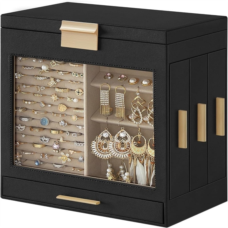 Jewelry Box with Glass Window - 6.1"D x 10.3"W x 12.6"H - Black
