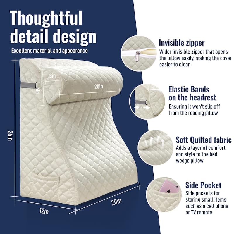 WOWMAX Bed Foam Wedge Reading Pillow Back Support with Adjustable Half Moon Neck Roll