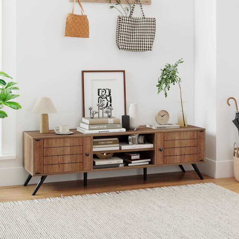 Gymax TV Stand w/2 Storage Cabinets & Open Shelves 6 Support Feet for