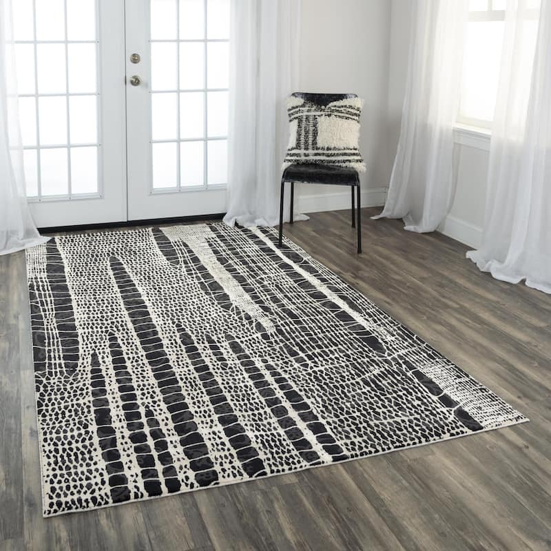 Alora Decor Spring Black, Grey, and White Croc Print Modern Rug - 3'11" x 5'6" - Beige/Black