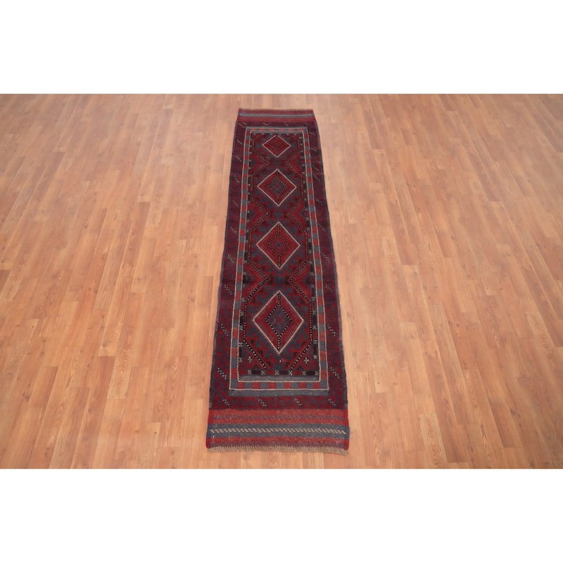 Hand Knotted Oriental 100% Wool Carpet Traditional Tribal Navy Blue & Blues Balouch Runner Rug - 7' 10'' X 1' 11''