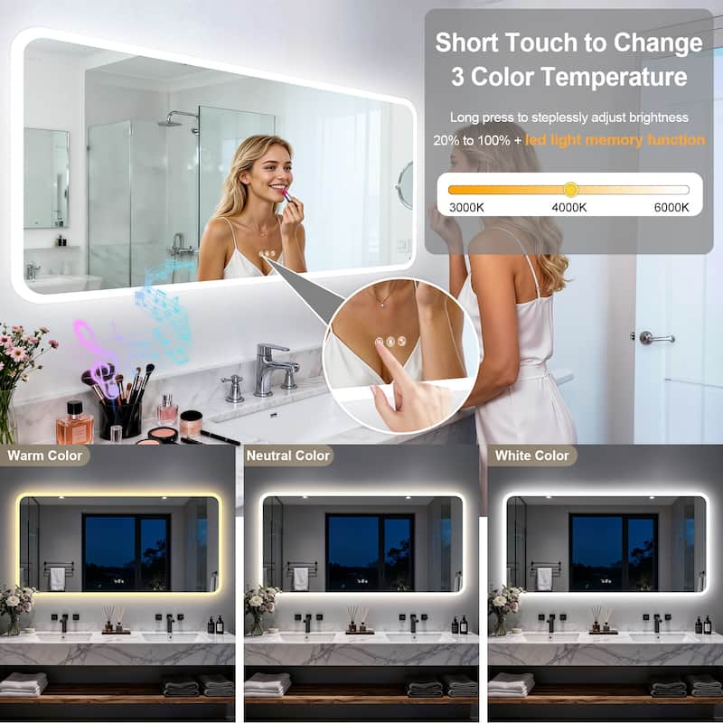 Bluetooth Speaker Smart LED Illuminated Tempered Glass Lighted Bathroom Mirror Backlight Wall Makeup Mirror